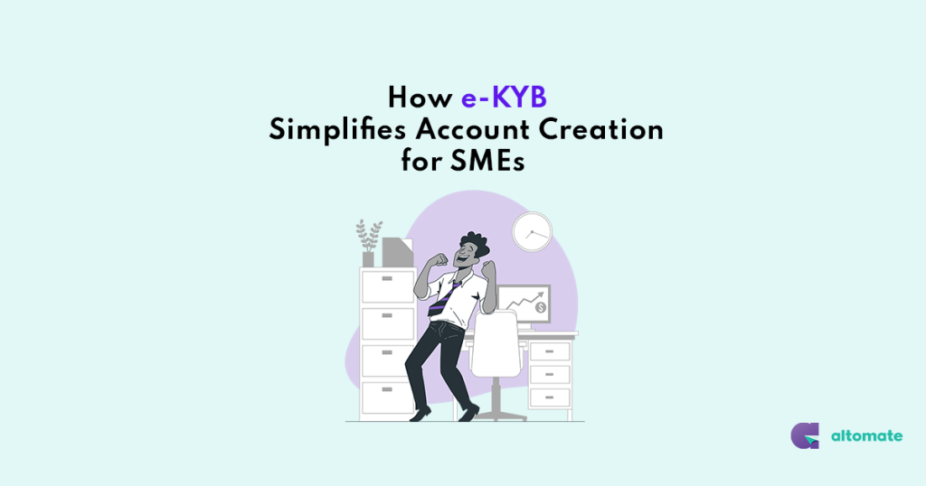 Illustration of a business owner looking relieved and happy in an office setting, symbolizing how e-KYB simplifies account creation for SMEs, with the Altomate logo in the corner.