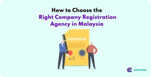 Illustration of two individuals with a large document labeled 'Registration,' symbolizing company registration. The text reads 'How to Choose the Right Company Registration Agency in Malaysia,' with the Altomate logo in the bottom-right corner.