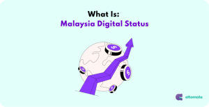 Illustration of a globe with upward-pointing purple arrows symbolizing growth and success, accompanied by dollar signs, representing Malaysia Digital Status.