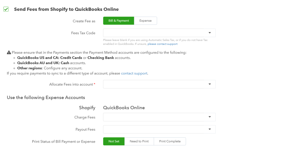 Visual shows recording Shopify Fees as Expenses in QBO