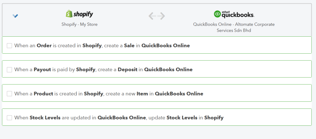 Visual shows four key settings of Shopify-QBO