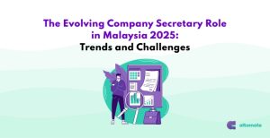 Illustration highlighting the evolving company secretary role in Malaysia 2025, focusing on trends, challenges, and the importance of governance and compliance.