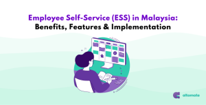 Illustration of an employee using a digital self-service portal on a computer, representing Employee Self-Service (ESS) in Malaysia. The title 'Employee Self-Service (ESS) in Malaysia: Benefits, Features & Implementation' is displayed at the top, with the Altomate logo in the bottom right corner.