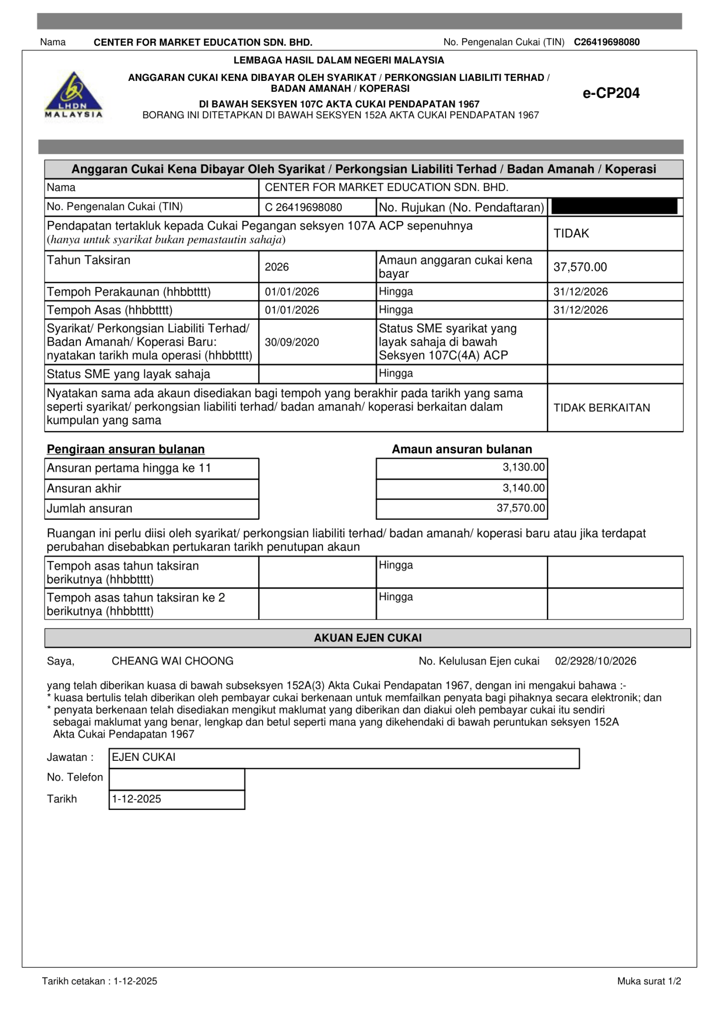 CP204 (Estimate of Tax Payable) - Altomate (Malaysia)