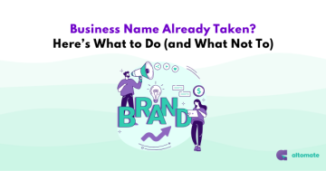 Illustration depicting two entrepreneurs promoting their brand, representing actions to take if your desired SSM business name Malaysia is already taken. The title reads "Business Name Already Taken? Here’s What to Do (and What Not To)," accompanied by the Altomate logo.
