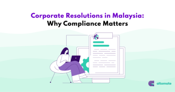 Illustration of a businesswoman reviewing a formal resolution document on a digital screen, representing corporate resolutions and compliance in Malaysia. The title reads “Corporate Resolutions in Malaysia: Why Compliance Matters,” with the Altomate logo.
