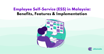 Illustration of an employee using a digital self-service portal on a computer, representing Employee Self-Service (ESS) in Malaysia. The title 'Employee Self-Service (ESS) in Malaysia: Benefits, Features & Implementation' is displayed at the top, with the Altomate logo in the bottom right corner.