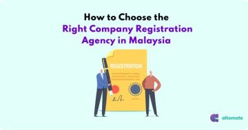 Illustration of two individuals with a large document labeled 'Registration,' symbolizing company registration. The text reads 'How to Choose the Right Company Registration Agency in Malaysia,' with the Altomate logo in the bottom-right corner.