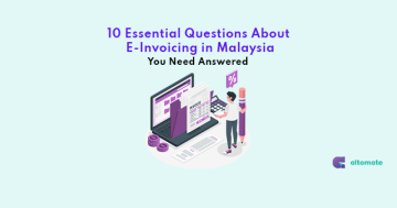 Illustration showcasing the concept of e-invoicing in Malaysia with a focus on digital tools and compliance. Highlighted text reads '10 Essential Questions About E-Invoicing in Malaysia You Need Answered,' providing a clear overview for businesses adapting to the new e-invoice regulations